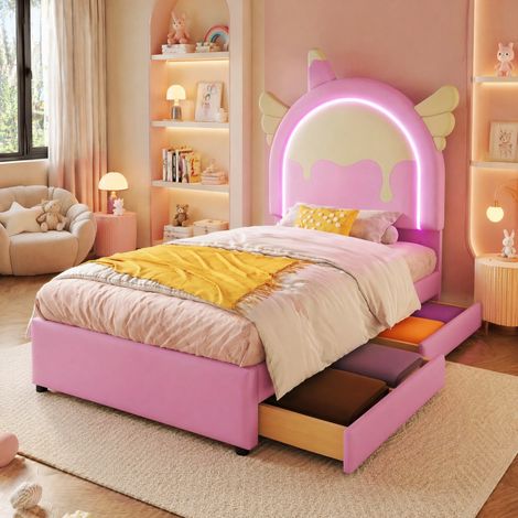 Letto bambino 90x200 cm in PU rosa, con contenitore, per camera bambini, senza materasso FloraGrace (1/5)