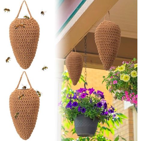 Lot de 2 faux nids de guêpes à suspendre, décoration artificielle pour extérieur, avec crochet, 32 x 20 cm, marron