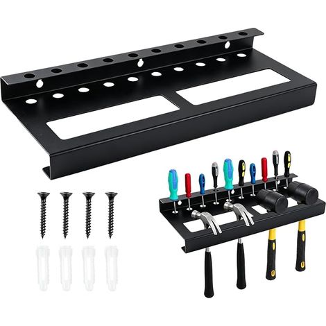 Porte Outils Mural Support Tournevis Mural, Rangement Outils Murale et Pinces avec Vis et Tubes d'expansion pour Garage Atelier Établi Sous-Sol et Maison, 40CM Acier au Carbone Noir (1/5)