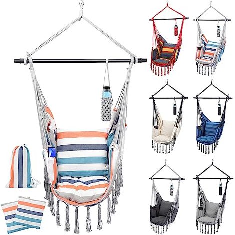 MIADOMODO® Silla Hamaca - Colgante, Cojines de Algodón, Barra de Acero, Carga Máxima 150kg, Multicolor Pastel - Sillón Colgante para Interior / Exterior, Balcón, Jardín, Habitación, Hammock (1/5)