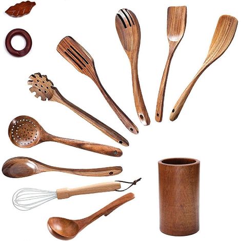 Pour la cuisine, ensemble en bois avec support en bois, poêle antiadhésive, ustensile de cuisine --- (1/5)