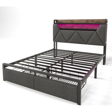 Cama tapizada 160 x 200 cm gris con cabecero de almacenaje LED USB y cajones (1/5)