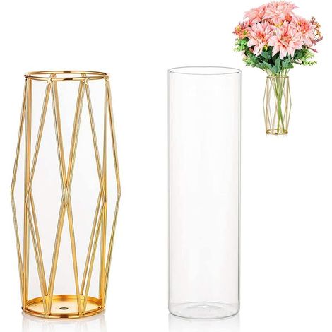 1 vase en verre, support métallique, design géométrique, finition dorée rose, décoration intérieure (1/5)