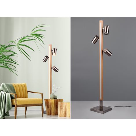 LED Stehlampe Holz / Silber matt, 3 Spots schwenkbar, Höhe 130cm (1/5)