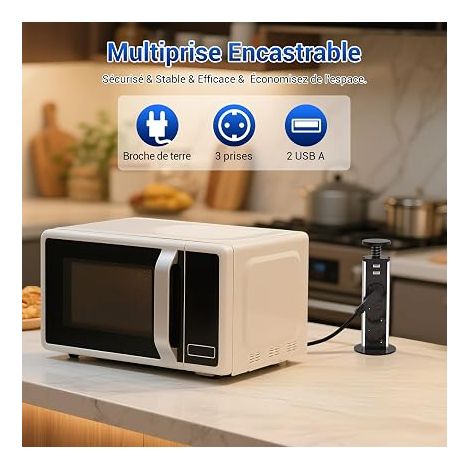 Multiprise Encastrable Bloc Noir avec 3 Prises et 2 USB (1/4)