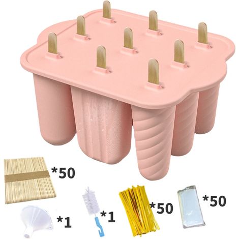 (Rose) Moule à glace en silicone à 9 trous, comprend 50 bâtonnets de glace et une brosse de nettoyage. (1/5)