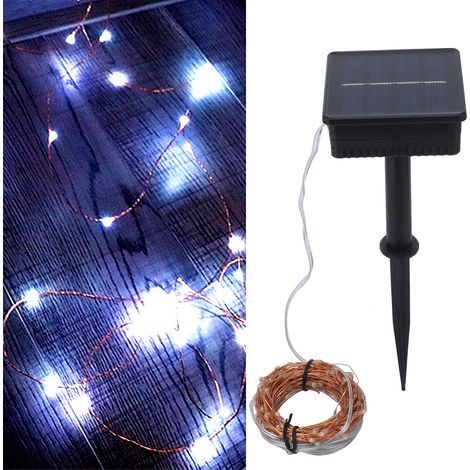 Guirlande lumineuse solaire de 20 m (65,6 pi) avec 200 LED, fil de cuivre étanche, pour jardin, cour ou villa. Lumière blanche. (1/5)