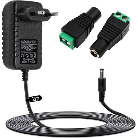 Bloc d'alimentation 12 V 2 A 24 W, adaptateur CA 12 V 2 A, bloc d'alimentation CA 220 V vers CC 12 V 500 mA-2000 mA pilote de puissance 5,5 x 2,1 mm avec 2 adaptateurs de fiche CC, pour bandes LED (1/5)
