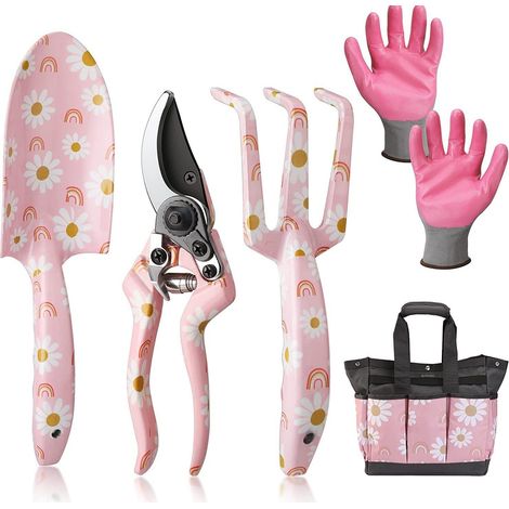 Ensemble d'outils de jardin en alliage d'aluminium 5 pièces avec sac jardinage - Kit à motif floral