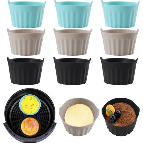 9PCS Moule Silicone Air Fryer,Plat Pour Friteuse Sans Huile,Mafin Coupe Moule,Moule Pour Gâteau Au Four,Moule à Tarte Aux Oeufs,Air friteuse Accessoires, Silicone Bakeware,Noir + gris + bleu (1/5)