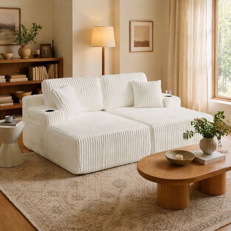 Canapé-lit relax 2 places en tissu côtelé beige, 186 x 154 x 78 cm, REDOM (1/5)