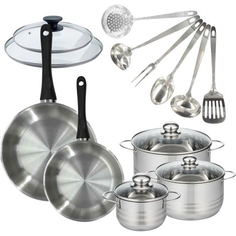 Set de 2 poêles 24, 28 cm inox, couvercles verre, 3 faitouts inox 16, 20 et 24 cm et 6 ustensiles Oxford inox Fackelmann Geneva (1/5)