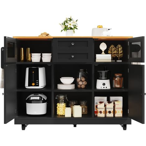 Îlot de cuisine noir sur roulettes avec plateau rabattable effet bois, rangements réglables, 140 x 40 x 93,5 cm (1/5)