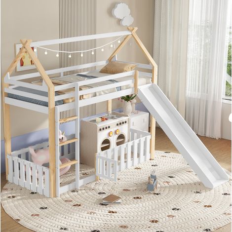 Litera infantil (207x231x187 cm), con tobogán, espacio libre con valla, techo decorativo, madera maciza, MDF y contrachapado, blanco y natural (1/5)