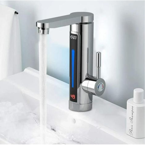 Robinet électrique chaud instantané monobloc 3300 W pour salle de bain/cuisine, affichage de la température de l'eau (argent) (1/5)