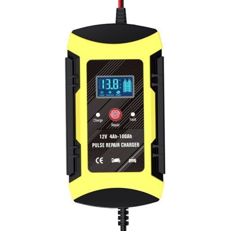 Gelbes 12V-Ladegerät für Auto- und Motorradbatterien, Impulsreparatur-Ladegerät, kompatibel mit Blei-Säure-Batterien (1/4)