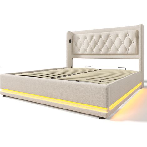 Cama doble beige tapizada de 180 x 200 cm, con canapé hidráulico e iluminación LED, cabecero acolchado y función de carga USB tipo C, apta para adolescentes y adultos (colchón no incluido). (1/5)