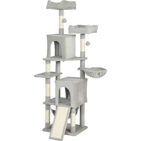 Arbre à chat tour de jeux pour chat 3 platesformes 2 niches 2 lits 2 hamacs 1 échelle hauteur 177 cm gris clair