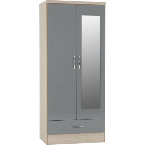 Nevada Mirrored 2 Door 1 Drawer Wardrobe - L52 x W78 x H182.5 cm - Grey Gloss/Light Oak Effect Veneer (1/4)