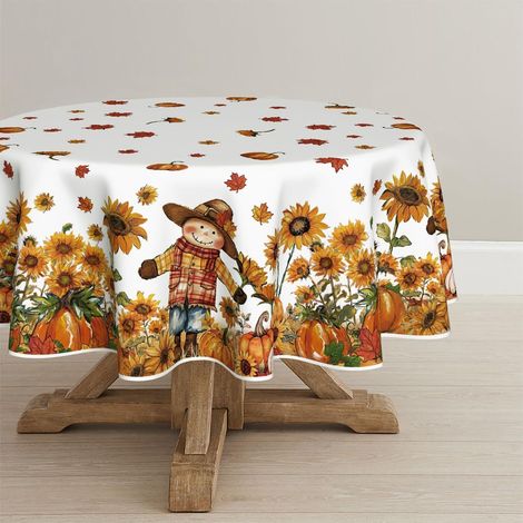 Runde Tischdecke 120 cm Herbst Motiv Sonnenblumen Kürbis Vogelscheuche Polyester