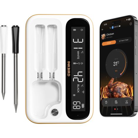 INKBIRD INT-12-BW Küchen-Grillthermometer (WLAN 5G/Bluetooth 5.4), lange/kurze Sonden, IP67 wasserdicht, Datenspeicher