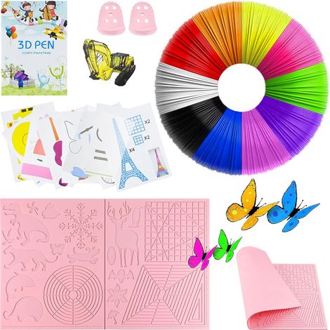 Ensemble d'accessoires pour stylo 3D, modèle de crayon 3D, filament PLA 10 couleurs, 1,75 mm tous les 5 mètres, grand tampon en silicone 45 x 28 cm avec 2 protections de doigts, stylo 3D pour enfants (1/5)