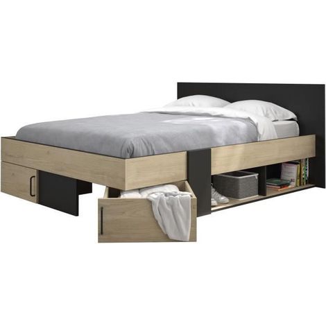 Calicosy – Lit adulte avec tiroirs de rangement – Châtaignier et noir – 160 x 200 cm – 2 tiroirs pivotants – Structure réversible (1/10)