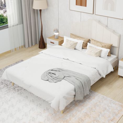 Letto adulto 160x200 cm con testiera geometrica e rete a doghe, in tessuto beige, materasso non incluso (1/5)