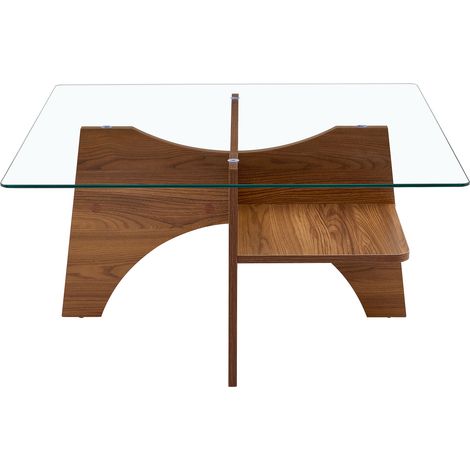 Table d'appoint carrée en verre sécurit 80x80 cm avec pieds MDF imitation noyer (1/5)