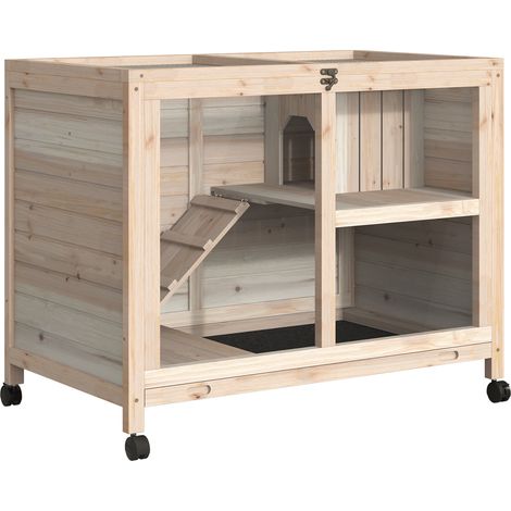 PawHut Rabbit Hutch Indoor Wooden Guinea Pig House Hamster Cage with Wheels, 2 Layers Bunny Cage with Openable Roof, 91.5 x 53.3 x 73 cm, Natural