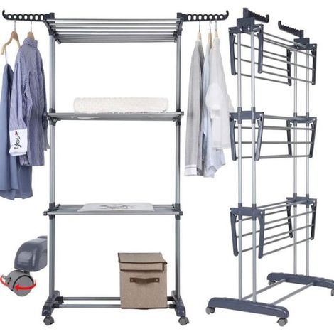 Étendoir Linge Intérieur sur 3 Niveaux à 4 Roues de Frein de Stationnement(plastique ABS)Tubes en Acier Inoxydable 172 x 72 x 50cm (1/4)
