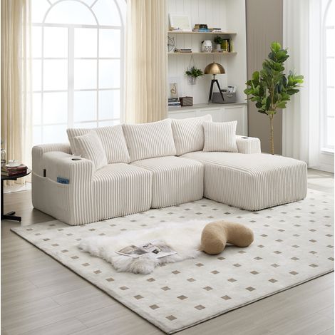 Canapé modulaire avec chaise longue et 2 places, 5 coussins, corduroy beige, sans montage HAVRYA (1/5)