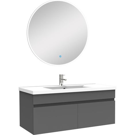 Ensemble meubles Salle de Bain simple vasque 100cm + miroir rond lumineux Anthracite