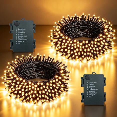 Guirlande Lumineuse Exterieure et Intérieure Alimenté par Pile Lampe Décoratives Étanche Lot de 2 Guirlande LED 8 Modes et Minuterie 10M 100 LEDs Pour Jardin, Noël, Mariage, Blanc Chaud (1/5)
