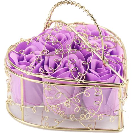 Fleur De Savon Rose - Panier En Fer Placage Or - Cadeau Saint Valentin - Boîte Violette (1/5)