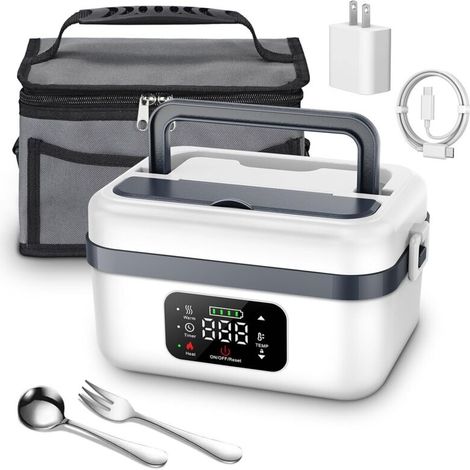 Boîte à lunch chauffante électrique sans fil, chauffe-plats rechargeable avec récipient de 1 L, fourchette, cuillère et sac de transport isotherme pour voiture, camion, voyage, bureau (blanc)