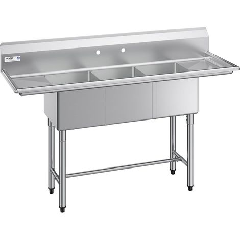 Évier de Cuisine à 3 Cuves de 35,6x40x27,9 cm, Évier Autoportant sur Pied, pour Restaurant Bar Camion-restaurant Maison, en Acier Inoxydable 304 de Calibre 18, avec 2 Égouttoirs et Dosseret (1/5)