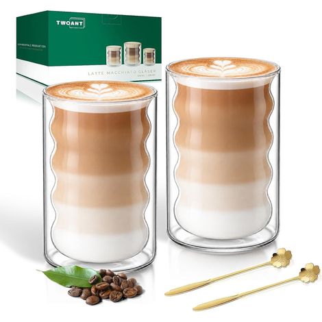 Tasse à Café Double Paroi, 2 x 400 ml Tasse Verre Double Paroi Ensemble, Verres à Expresso avec 2 Cuillères Convient pour latte, macchiato, cappuccino, bière, lait, thé (1/5)
