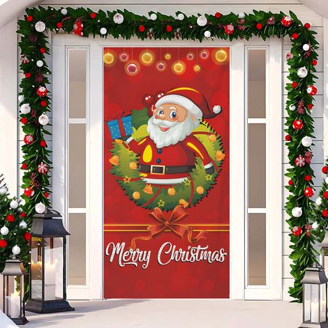 Rideau de porte de Noël 2026, bannière extérieure avec fond photo Père Noël et chien, tissu à suspendre - 90 x 180 cm (œillets + ruban) - 60