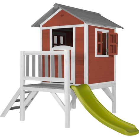 Axi Maison Enfant Beach Lodge Xl En Rouge Avec Toboggan En Vert Clair Maison De Jeux En Bois Ffc Pour Les Enfants Maisonnette / Cabane De Jeu Pour Le Jardin
