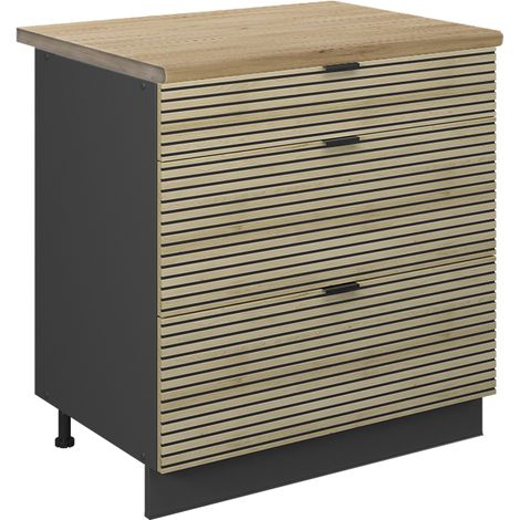 Mobiletto base per cucina Fame-Line, Pannello in quercia, 80 cm con 3 cassetti, PL Rovere, Vicco