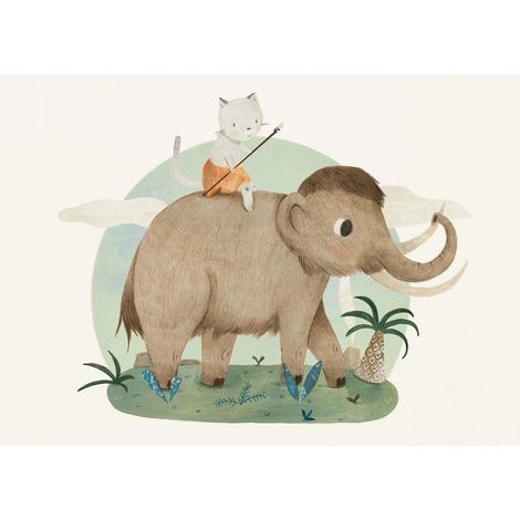 Tableau chambre bébé animaux | Tableau enfant avec chat & éléphant dans la savane | Tableau vert & beige pour chambre garçon 0,7 x 0,5 m (1/2)