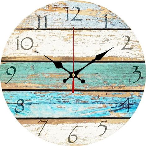 Horloge murale ronde décorative en bois de style méditerranéen rustique, 30 cm, chiffres arabes vintage, motif plage vieillie, couleurs océan, impression sur planches de bois patinées (ciel). (1/5)