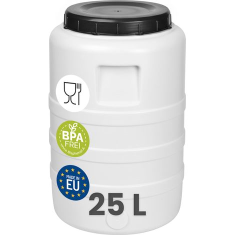 Garronda Fût Alimentaire 25 L Plastique HDPE Tonneau Baril Grande Ouverture pour Eau, Stockage et Fermentation Recupérateur d Eau de Pluie GD-0187 Blanc