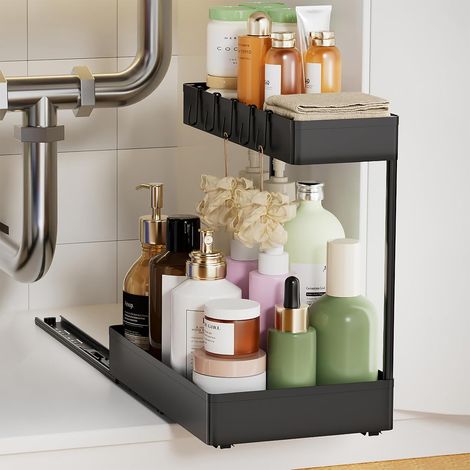 Rangement sous évier avec glissières en métal, 2 niveaux de rangement et d'organisation, organiseur sous évier pour placard, organiseur d'évier de cuisine (1/5)