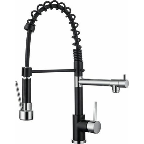 Robinet de cuisine - Mitigeur évier - Noir/Chrome - Rotatif 360° - 2 jets - Avec douchette extractible