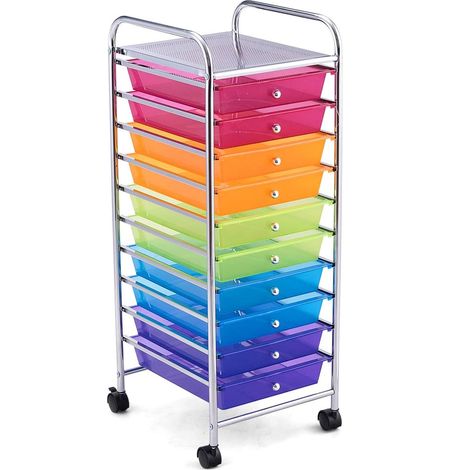 GOPLUS Chariot de Rangement 10 Tiroirs à roulettes, Tour de Rangement à roulettes, Tiroirs en Plastique&Cadre en Acier, pour Chambre, Bureau, 37x33x86CM (Colore)