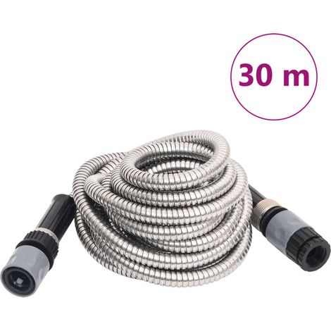 Tuyau d'arrosage avec pistolet d'arrosage, argenté, 0,6", 30 m, acier inoxydable