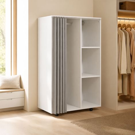 Armoire penderie vêtement dressing mobile 4 roulettes avec tringle à vêtements et étagères ouvertes, blanc (1/5)