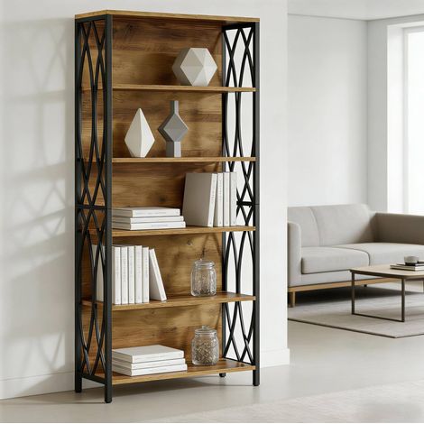 Estantería librería (97x38x24 cm), diseño de enredadera, protección lateral, MDF y metal, negro y marrón (1/5)